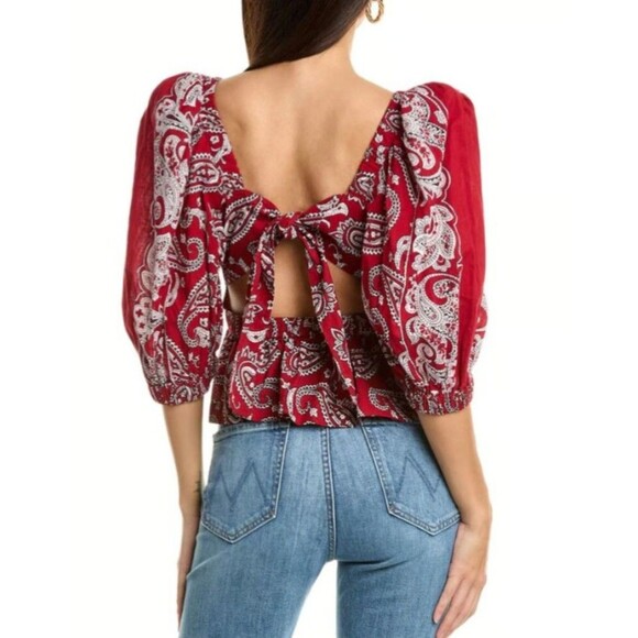 SEA New York Red Paisley Bandana Embroidered Open Back Theodora Top Size L - Picture 2 of 10